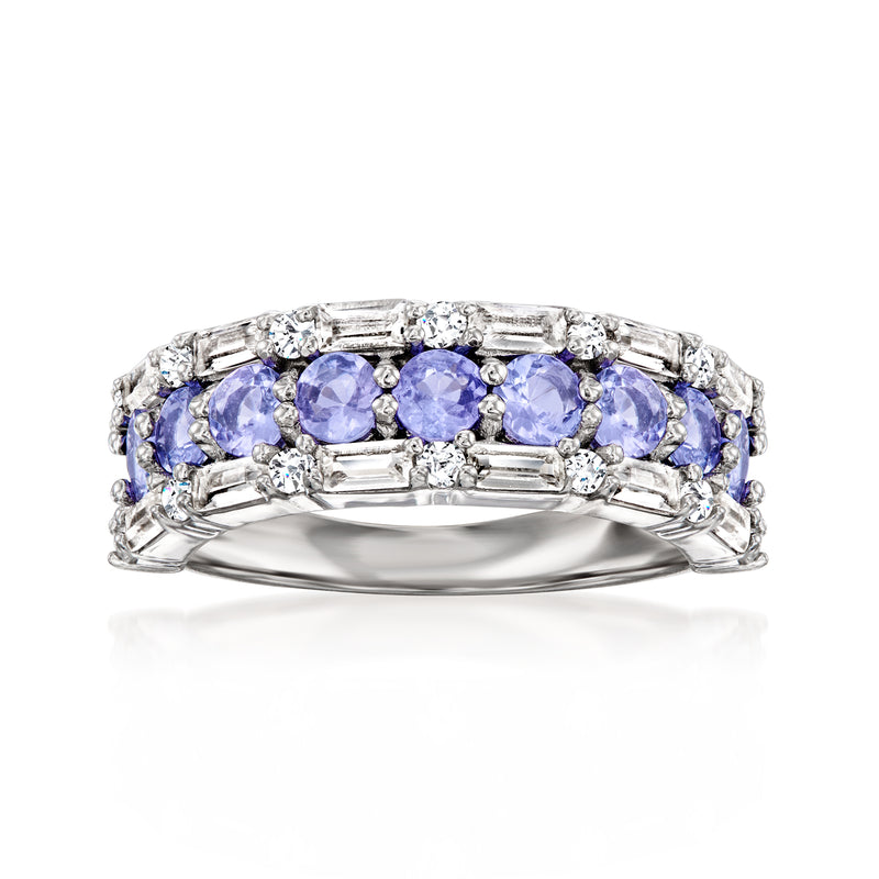 Sterling silver band ring with five oval tanzanite and clear white topaz accents