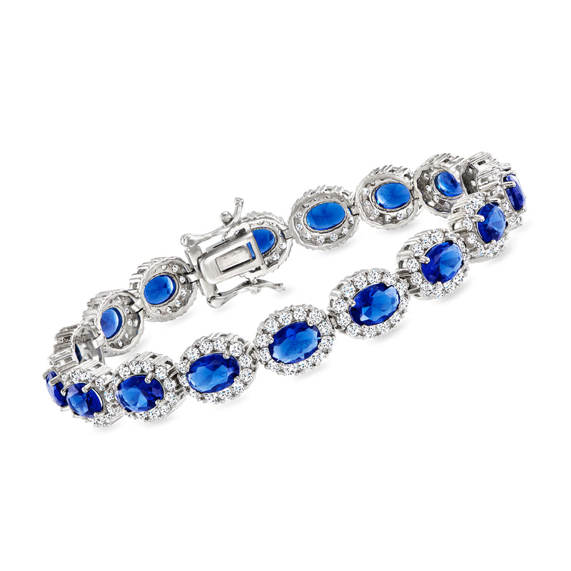 Sterling silver bracelet with blue oval and round CZ stones, simulated sapphire accents