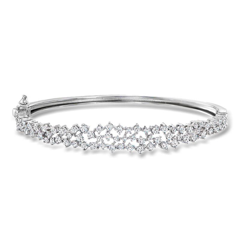 Sterling silver bangle bracelet with CZ cluster row and hinged setting, clear stones