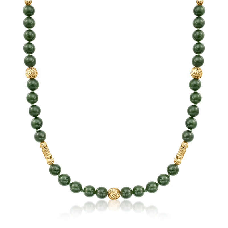 Green nephrite bead necklace with 14k yellow gold bead spacers