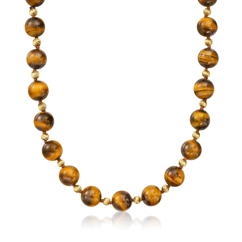 Tiger eye bead necklace with yellow gold spacer beads and gold clasp