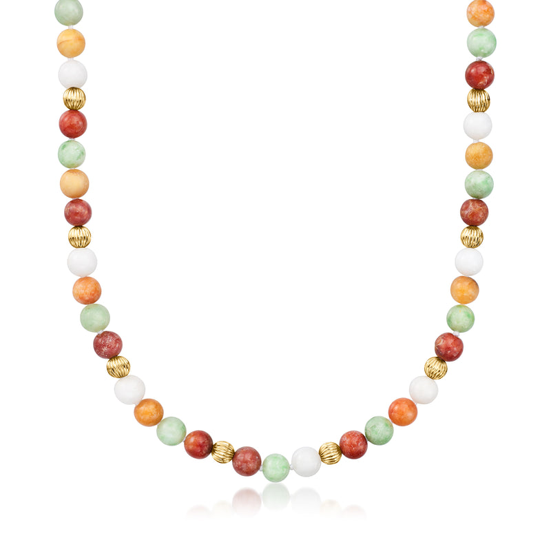 Vintage multicolored jade bead necklace with round beads and 14k yellow gold spacers