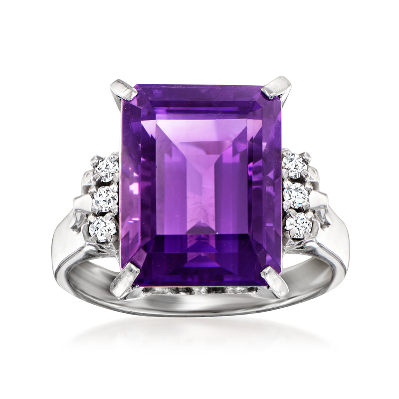 Platinum ring with large rectangular amethyst and diamond side clusters
