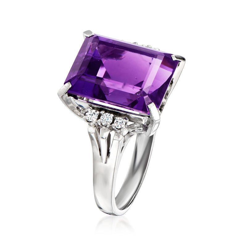 Vintage platinum ring with rectangular amethyst and three small diamonds