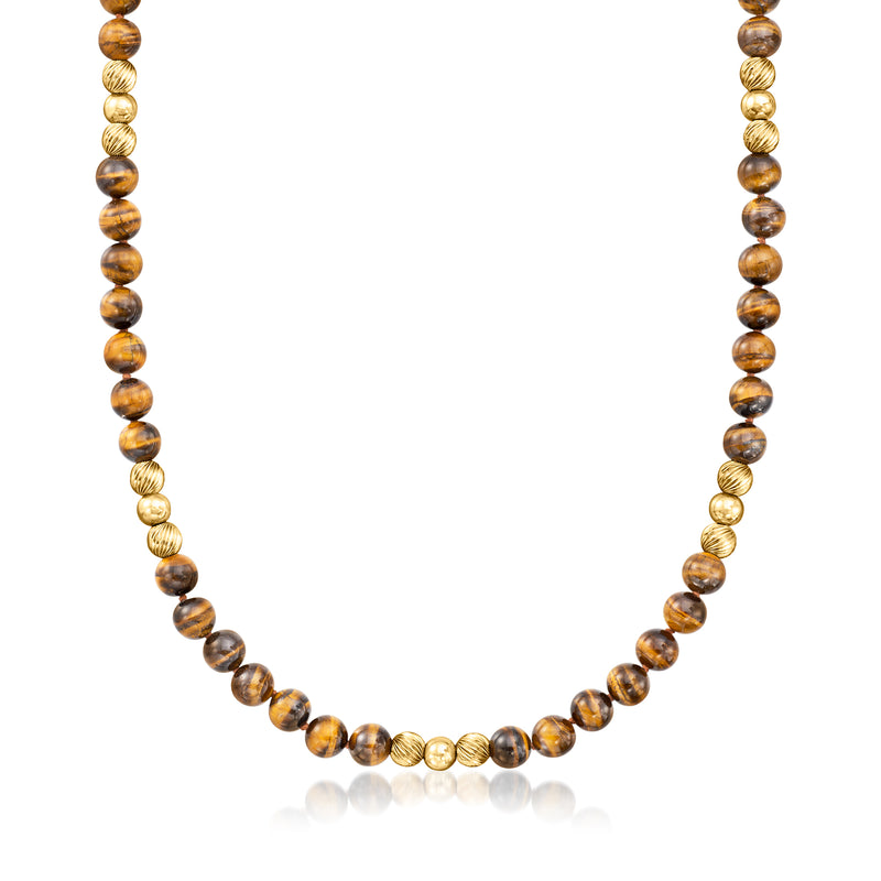Tiger eye bead necklace with 14kt yellow gold bead accents