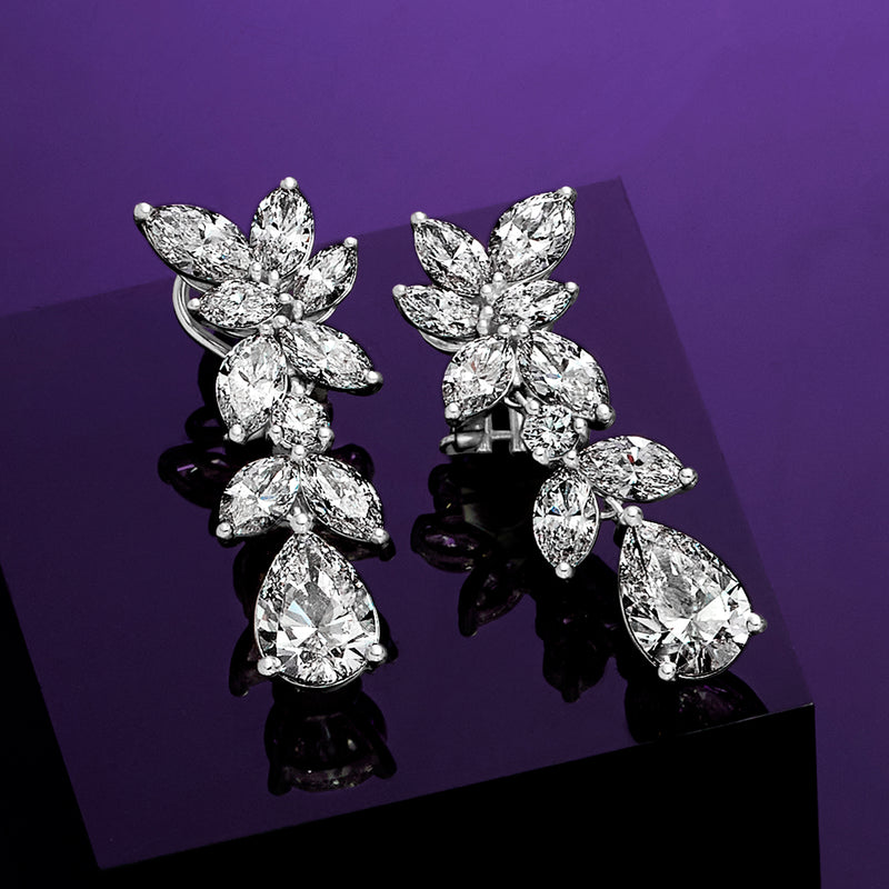 14kt white gold lab-grown diamond drop earrings with floral clusters and pear stones