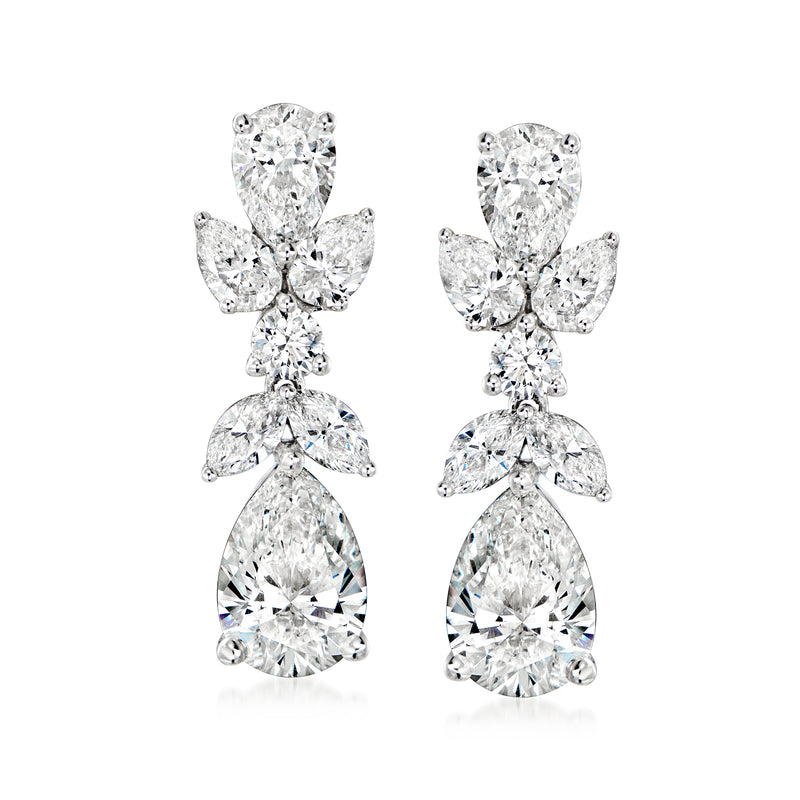 14kt white gold diamond drop earrings with pear-cut stones, three-stone cluster