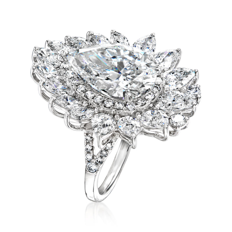 14kt white gold diamond halo ring, side view with prong-set center stone