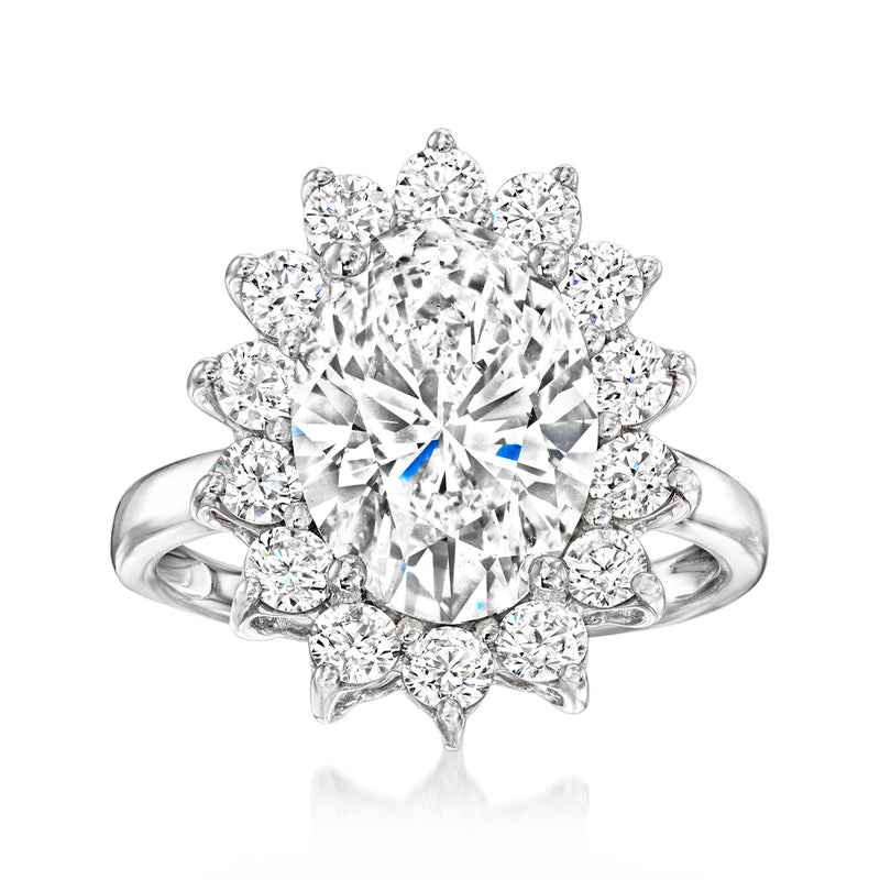 Lab-grown diamond ring in 14kt white gold, large center stone with diamond halo