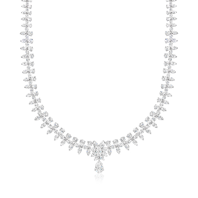 White gold diamond necklace with multi-shaped marquise and pear clusters, V-drop center