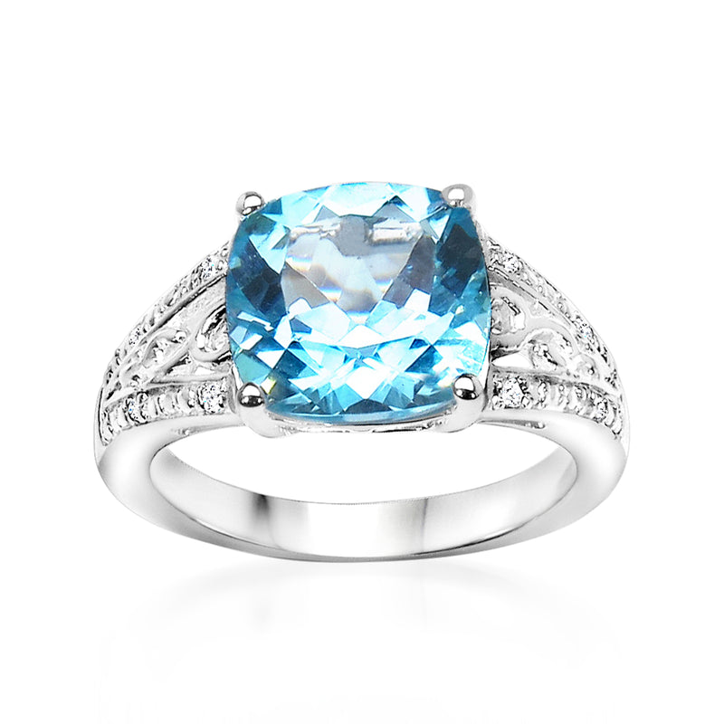 Sterling silver ring with cushion-cut sky blue topaz and diamond accents