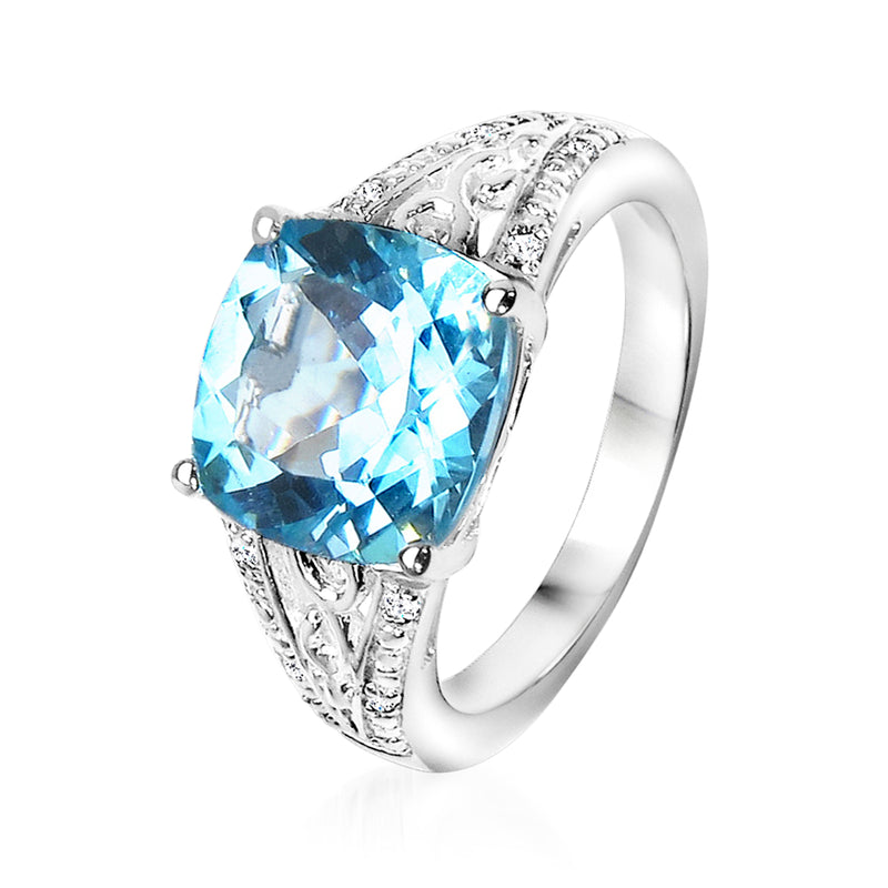 Sterling silver ring with cushion-cut sky blue topaz and diamond side detailing