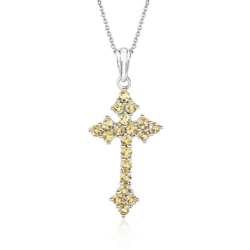 Sterling silver cross pendant necklace with yellow citrine round gemstones