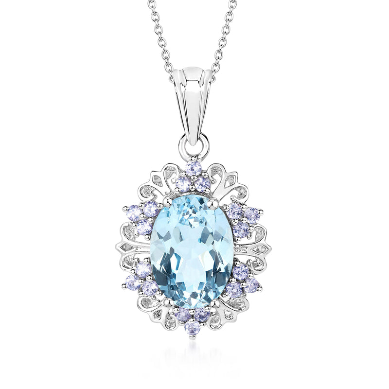 Sterling silver pendant necklace with oval sky-blue gemstone and purple accents