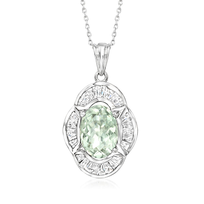 Sterling silver pendant necklace with oval prasiolite center and white topaz halo