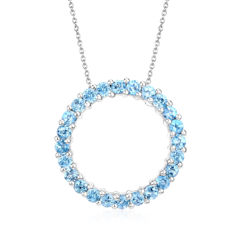 Sterling silver circle necklace with blue topaz eternity row, linked chain