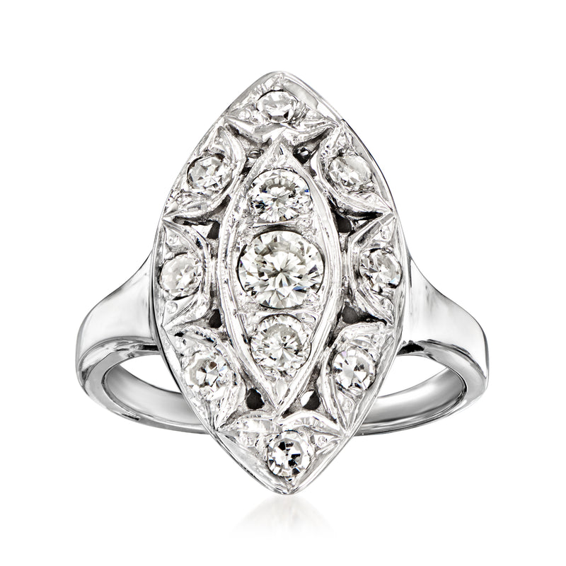 14kt white gold navette diamond ring with marquise center and side clusters
