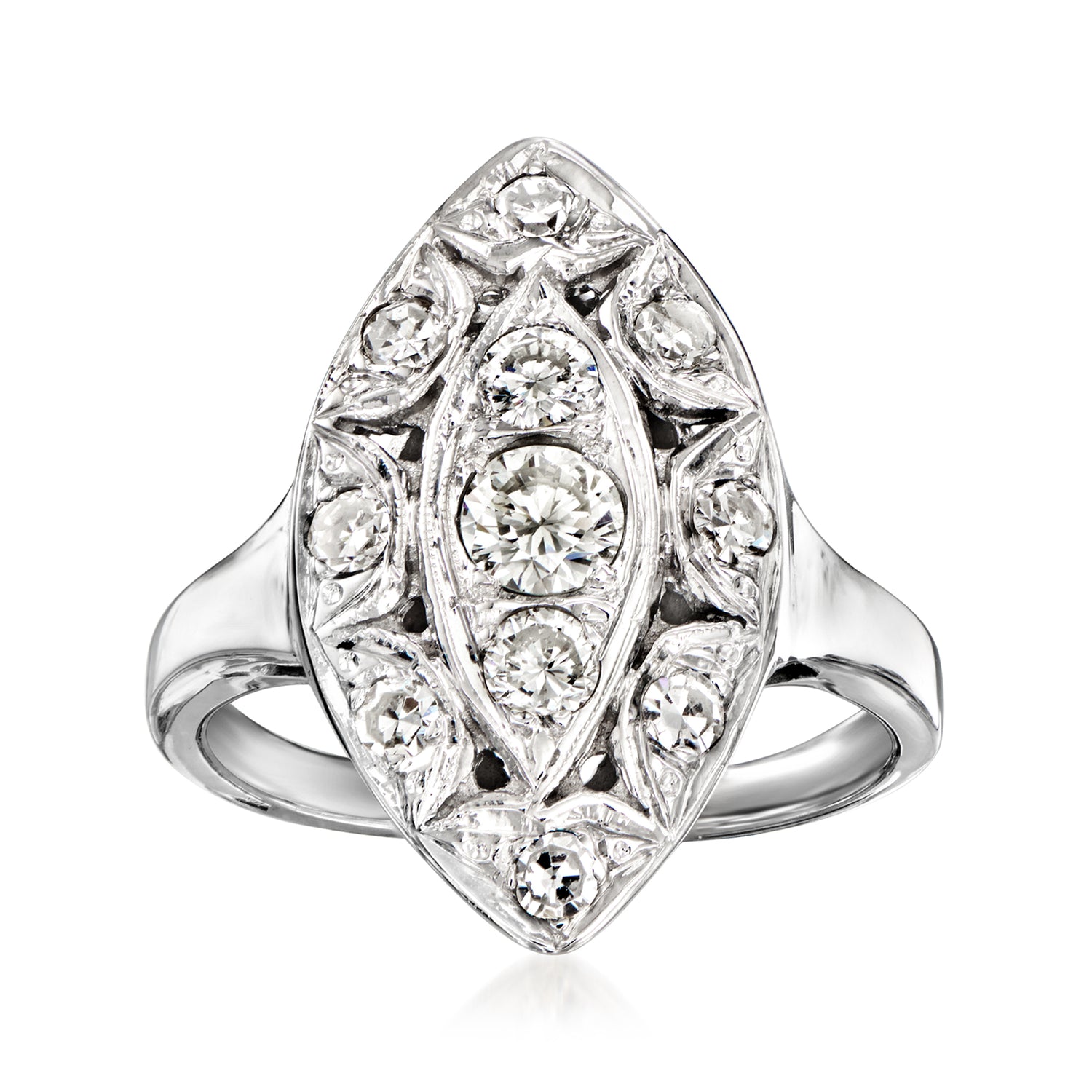C. 1950 Vintage .90 ct. t.w. Diamond Navette Ring in 14kt White Gold