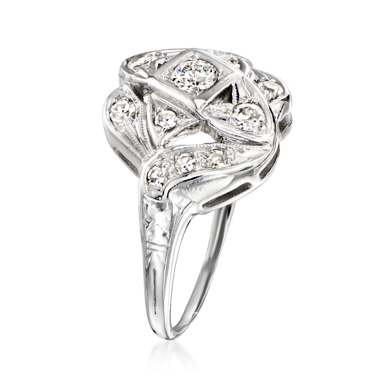 14kt white gold diamond cluster ring with round stones in geometric lattice, tapered band