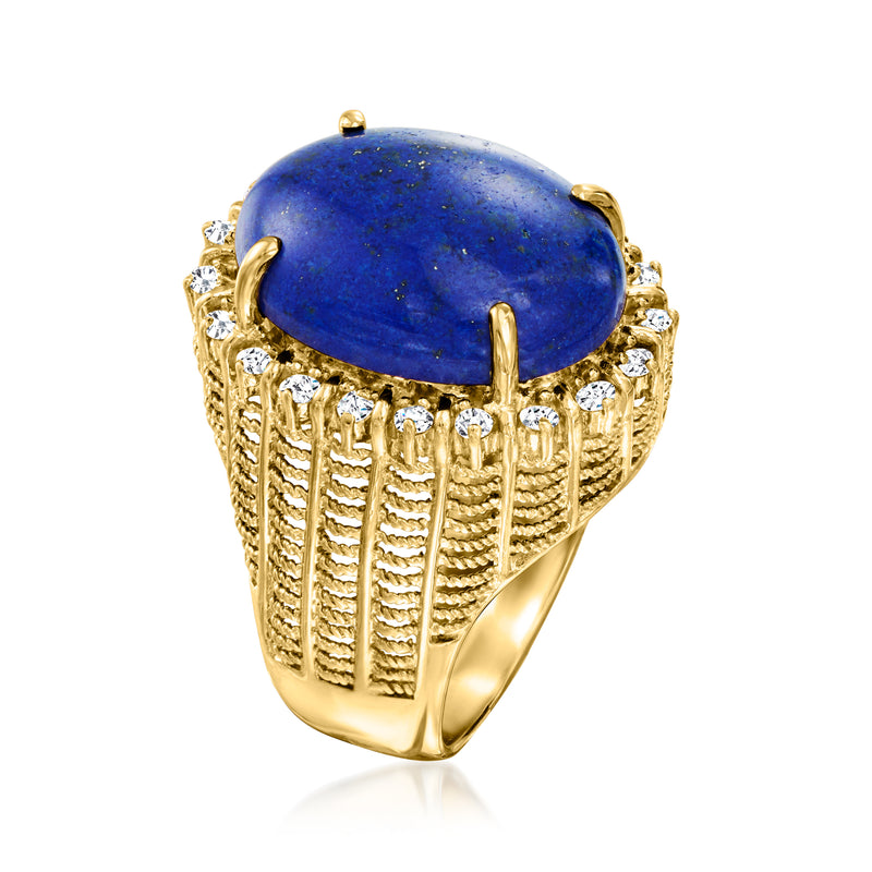 Oval lapis cabochon diamond ring in 18k yellow gold with curved gold lattice sides