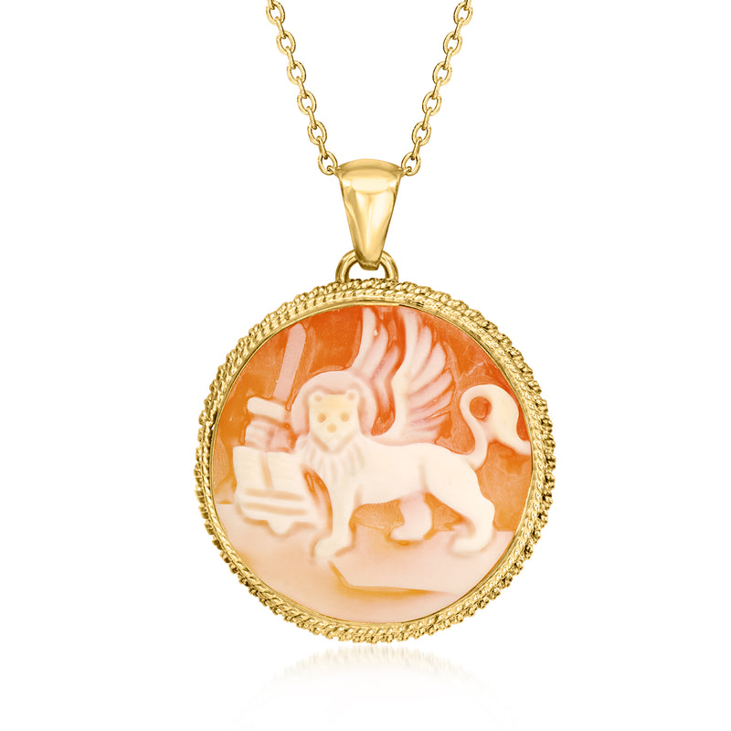 Gold-tone necklace with round orange shell cameo lion relief pendant