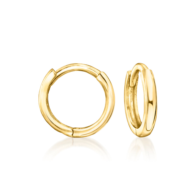 Yellow gold huggie hoop earrings with hinged clasp, charm-compatible