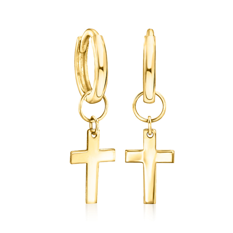Yellow gold huggie hoop earrings with cross charms and hinged clasp
