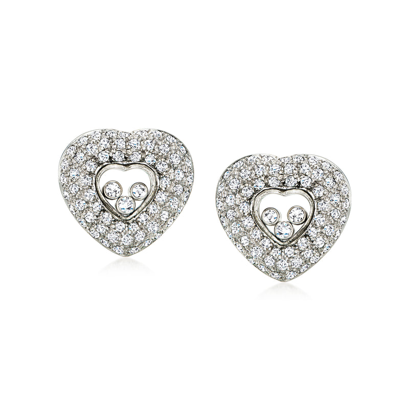 Heart diamond earrings in 18kt white gold, pair with double heart design
