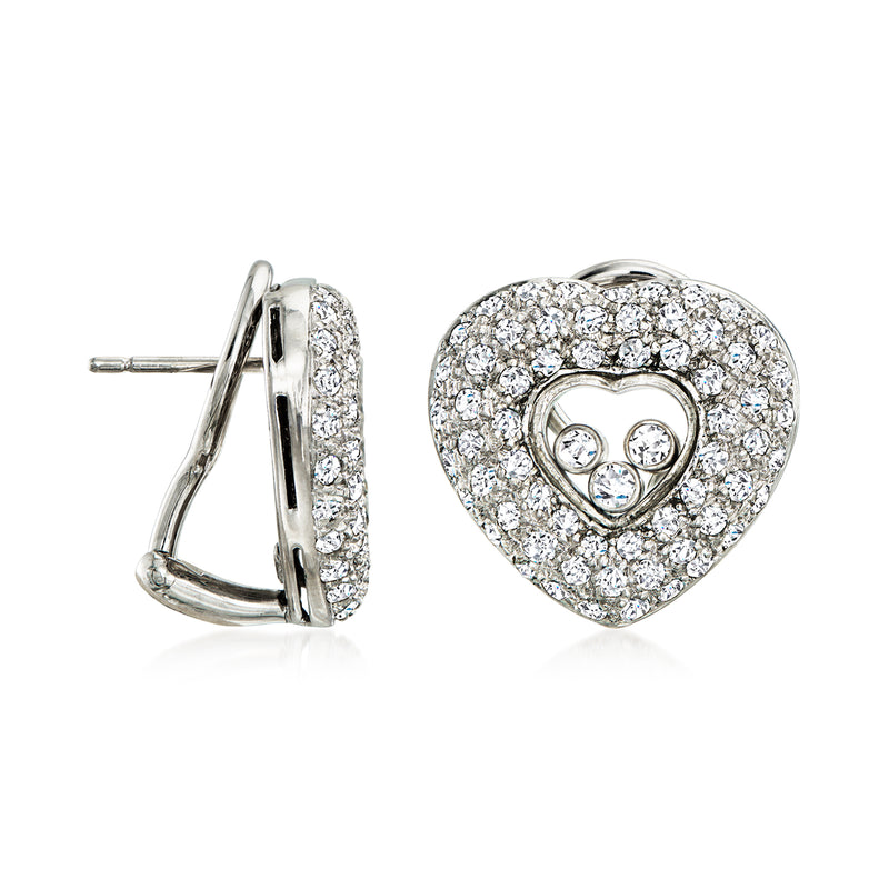 Diamond heart clip/post earrings in white gold, side and front view