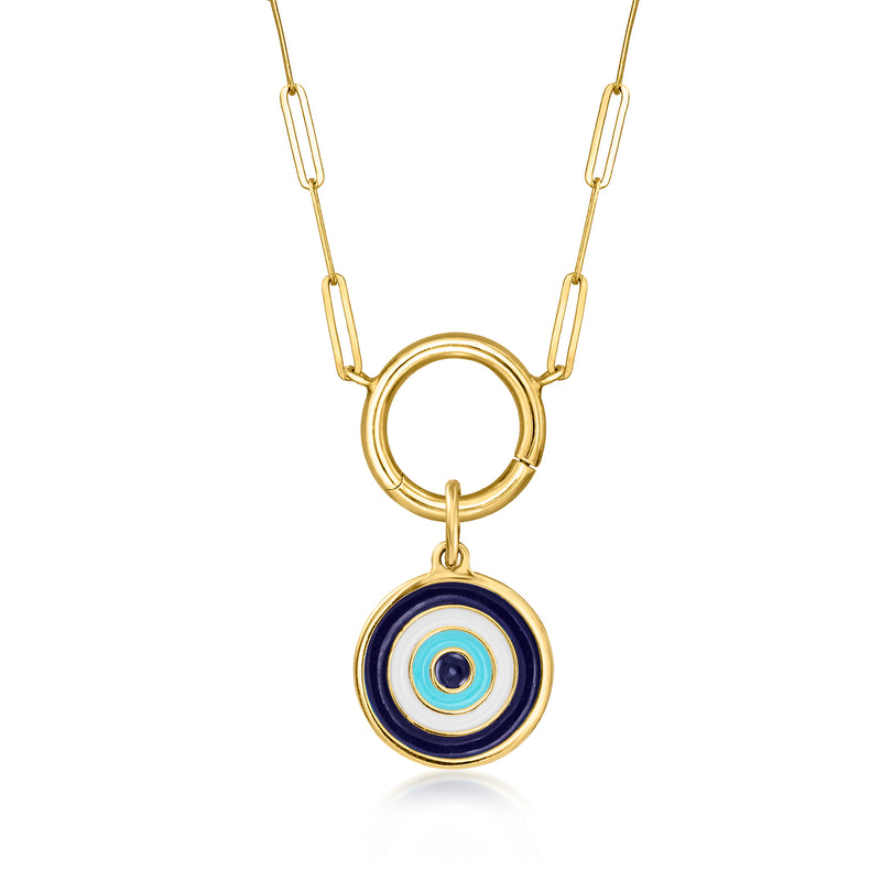 14kt yellow gold evil eye pendant with turquoise enamel rings on chain