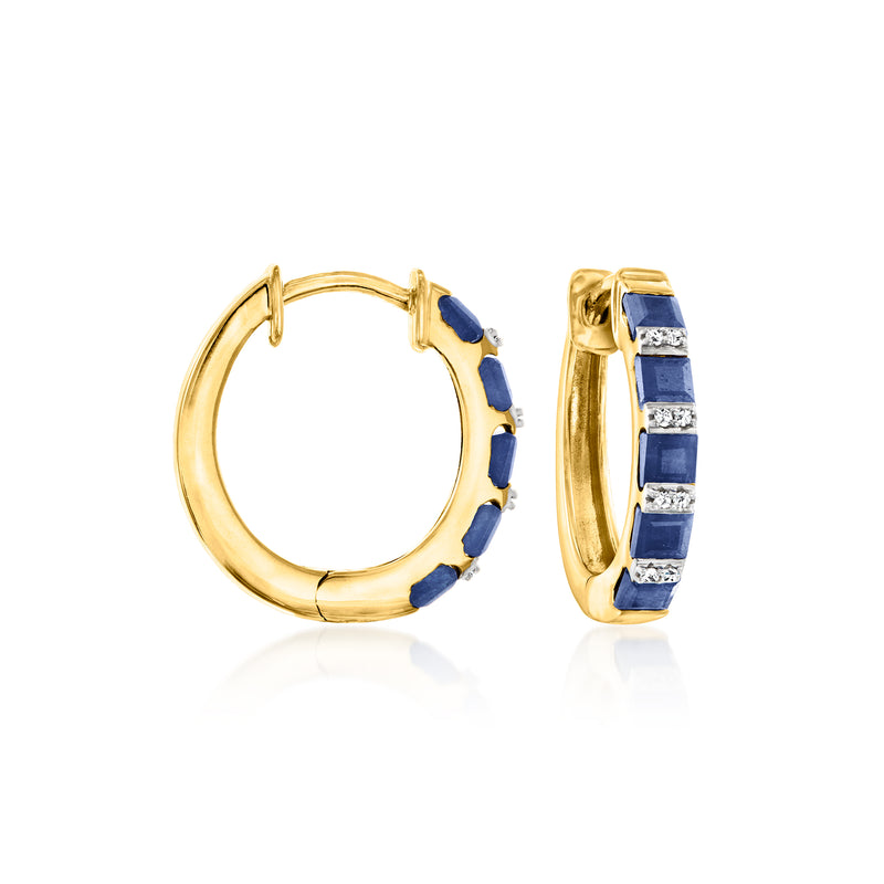 Gold hoop earrings with blue sapphire segments and small diamond accents