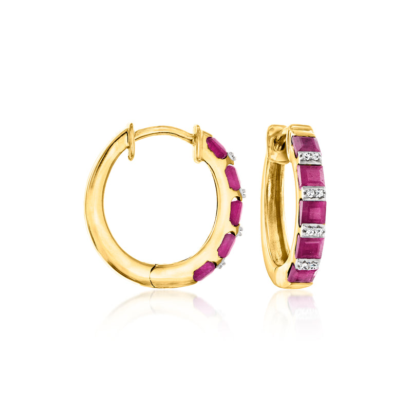 Gold hoop earrings with purple ruby and clear diamond accents, hinged hoop style