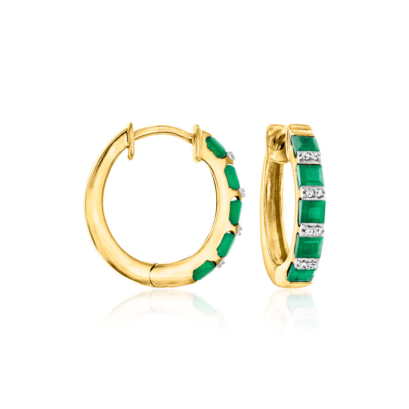 Gold hoop earrings with green emeralds and diamond accents, hinged style