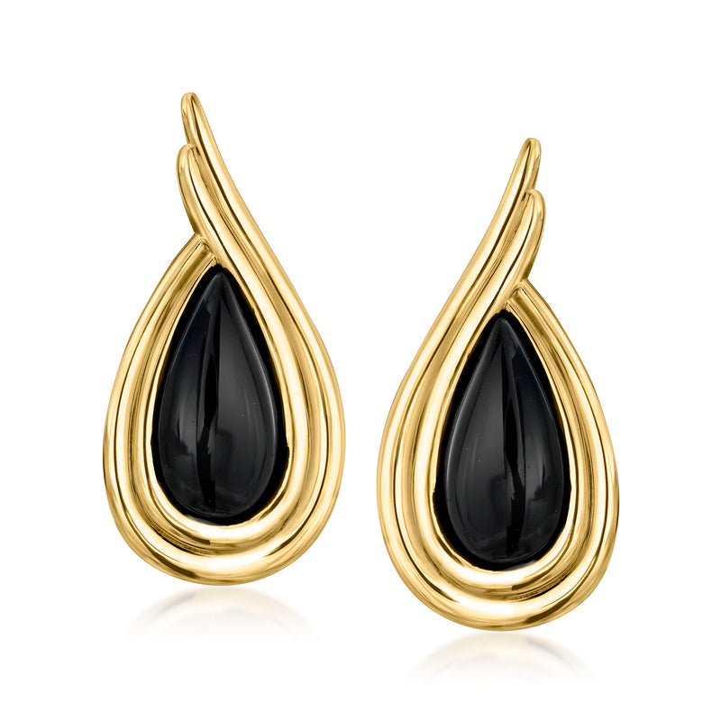 18kt gold teardrop onyx post earrings with dark teardrop stones in gold frames