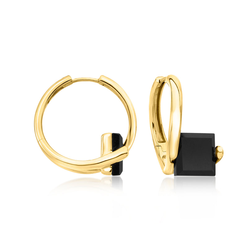 Gold hoop earrings with onyx square accents, 18kt gold over sterling