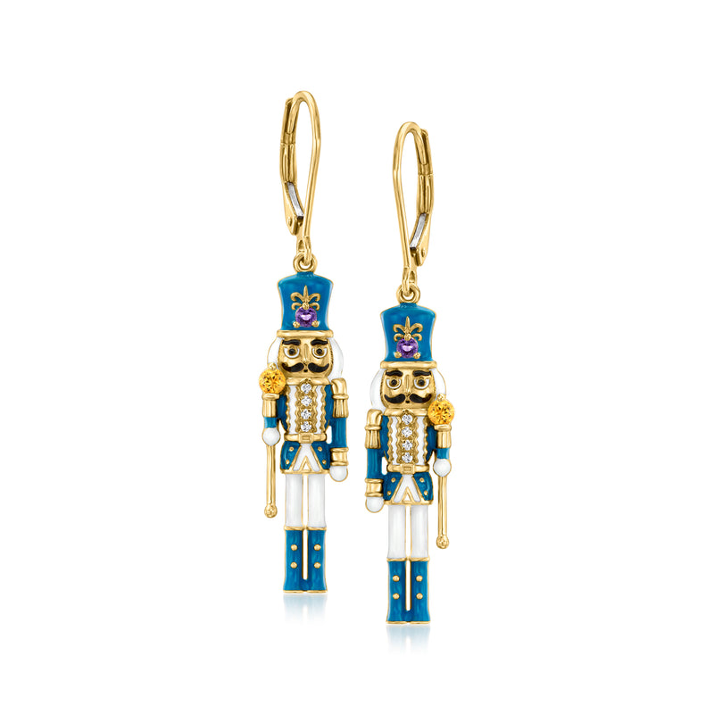 .26 ct. t.w. Multi-Gemstone Nutcracker Drop Earrings with Multicolored Enamel in 18kt Gold Over Sterling