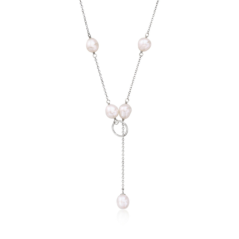 Sterling silver lariat necklace with cultured pearl drops and small circular charm