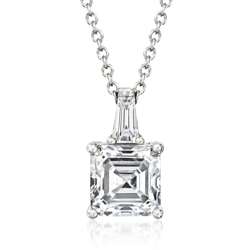 14kt white gold diamond pendant necklace with emerald-cut center stone in prongs
