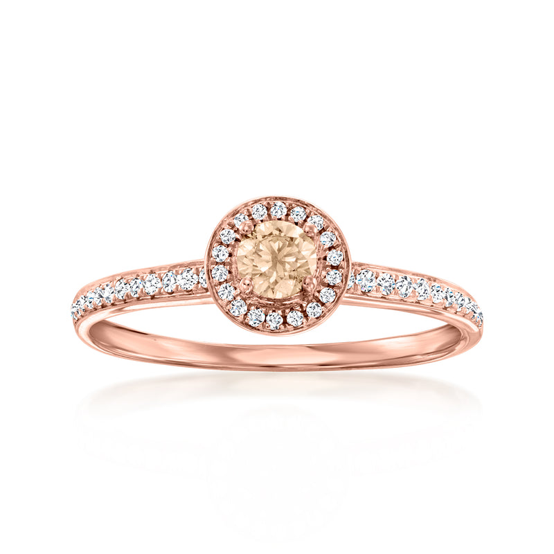 Rose gold diamond ring with round brown center and white halo