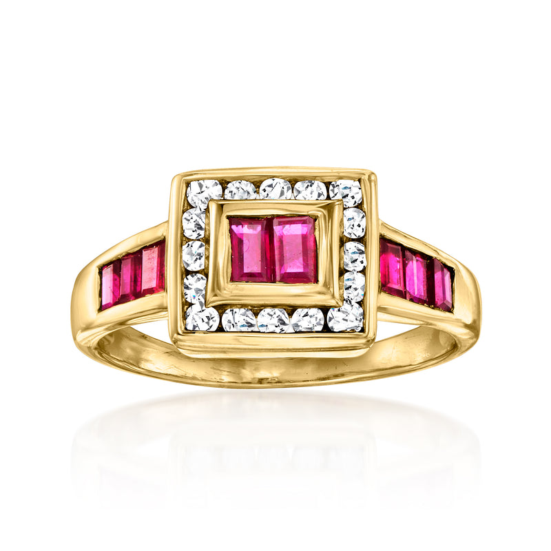 18k yellow gold square ring with pink ruby center and diamond halo accents