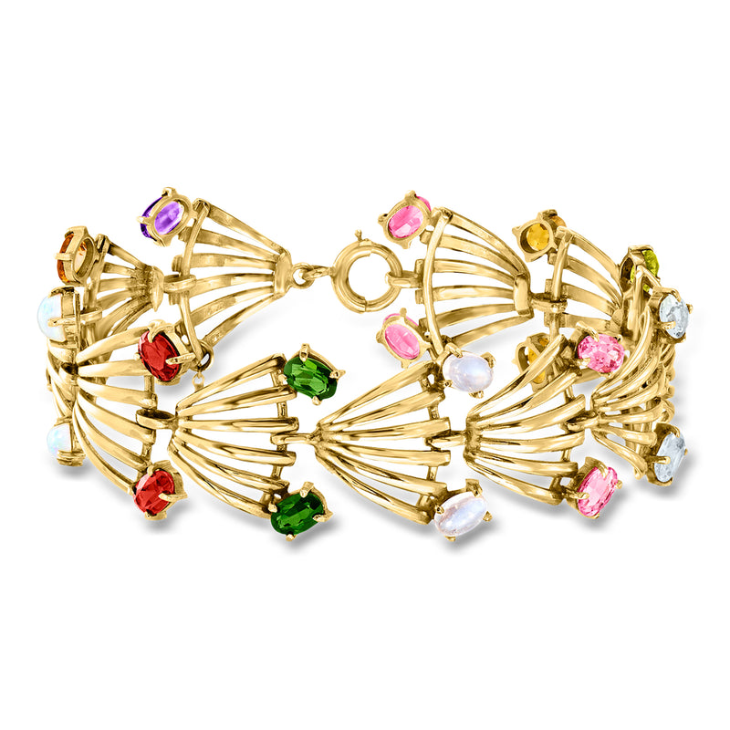 14kt yellow gold fan bracelet with multicolor gemstones and hinged design