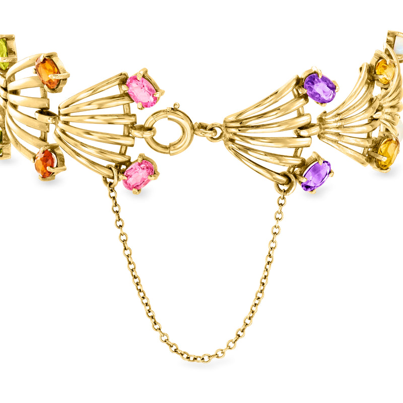 14kt yellow gold fan bracelet with pink and purple gemstones, gold links