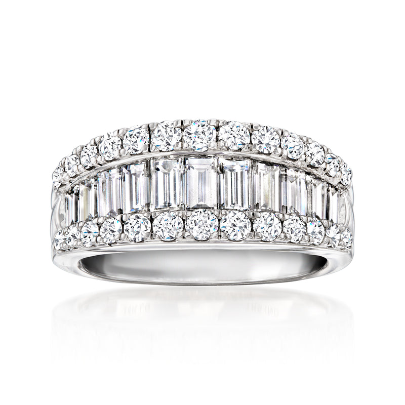 14kt white gold diamond ring with round and baguette stones