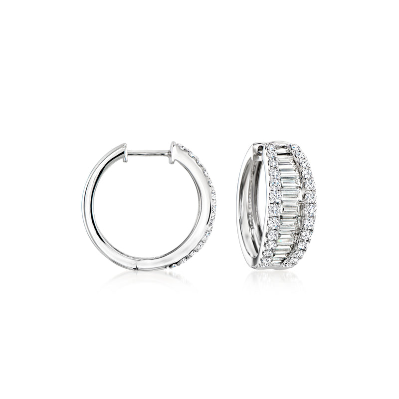 14kt white gold diamond hoop earrings with baguette and round accents