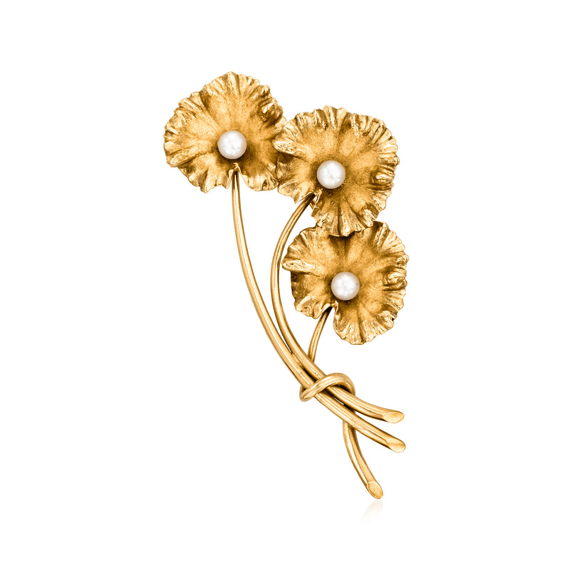 Vintage yellow gold flower pin with three cultured pearls and looping stem
