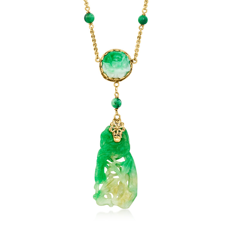 18kt yellow gold jade drop station necklace with round green jade and dangling drops