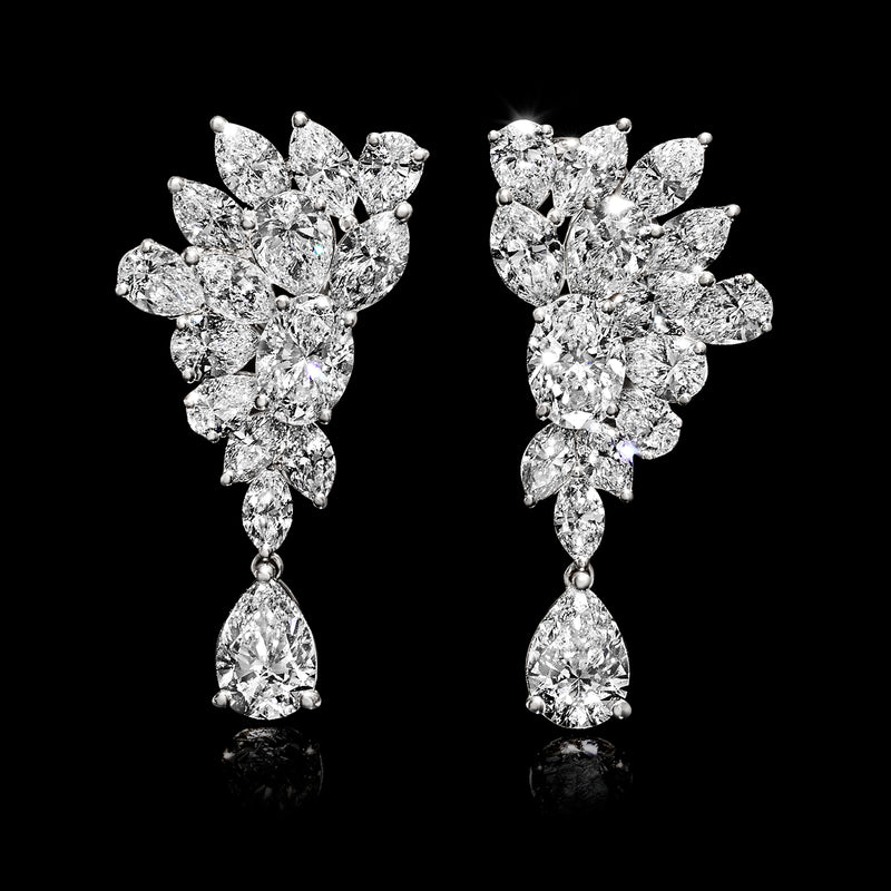 Lab-grown diamond cluster drop earrings with pear dangle, bright cluster front view