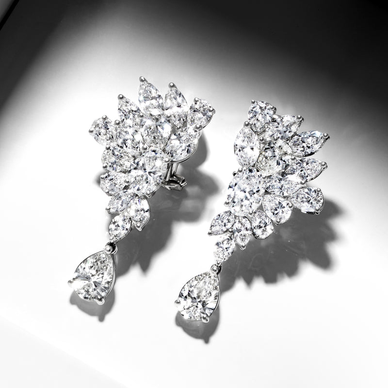 Lab-grown diamond cluster drop earrings in 14kt white gold, angled pear drop details