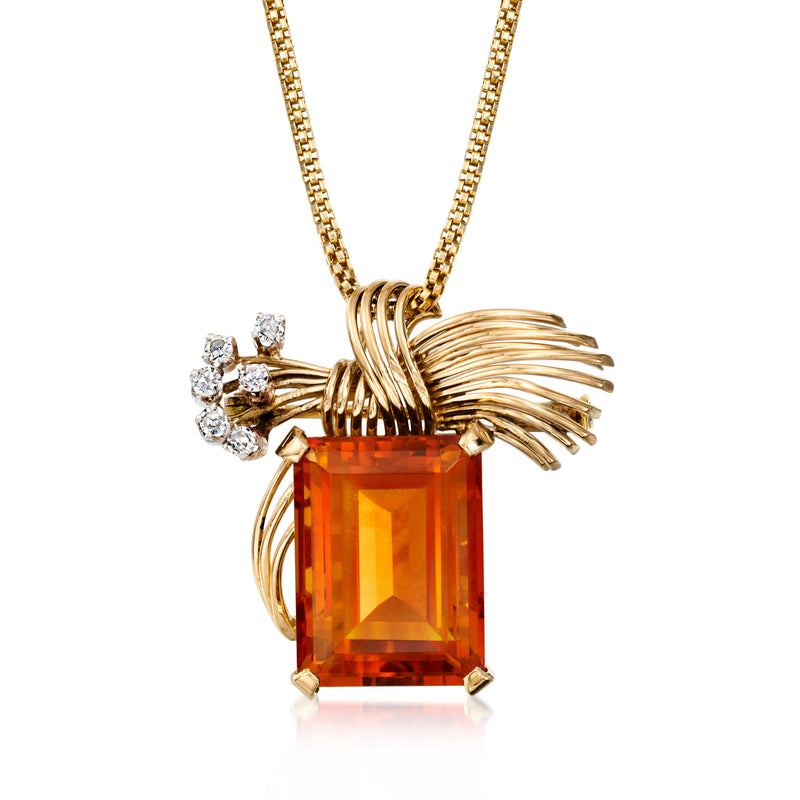 18k yellow gold necklace with large rectangular citrine pendant and diamond accents