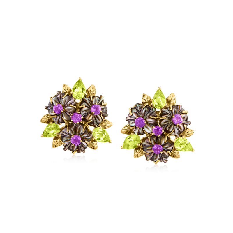 Multigem flower stud earrings in 14kt yellow gold with green and purple stones
